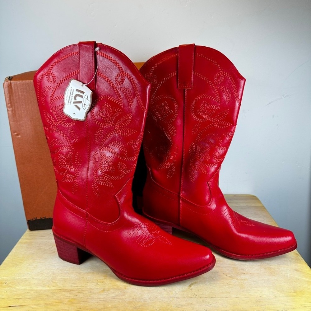 IUV Red Cowboy Boots Women 6.5 Western Embroidered Pointed Toe Mid Calf NWT